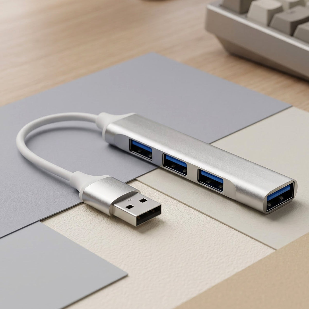 Silver 4-port USB hub with a white cable on a geometric patterned surface with gray and beige squares.