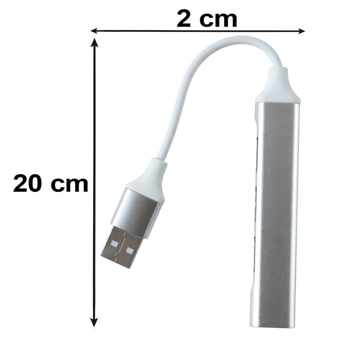 Silver 4-port USB hub with a white cable and USB-A connector on a white background, with dimensions 20 cm by 2 cm.