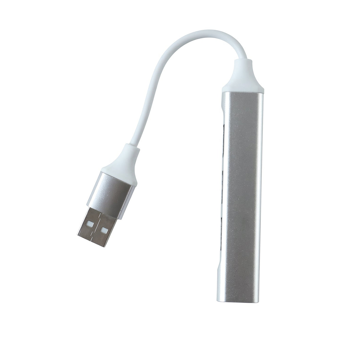 Silver 4-port USB hub with a white cable and USB-A connector on a white background.