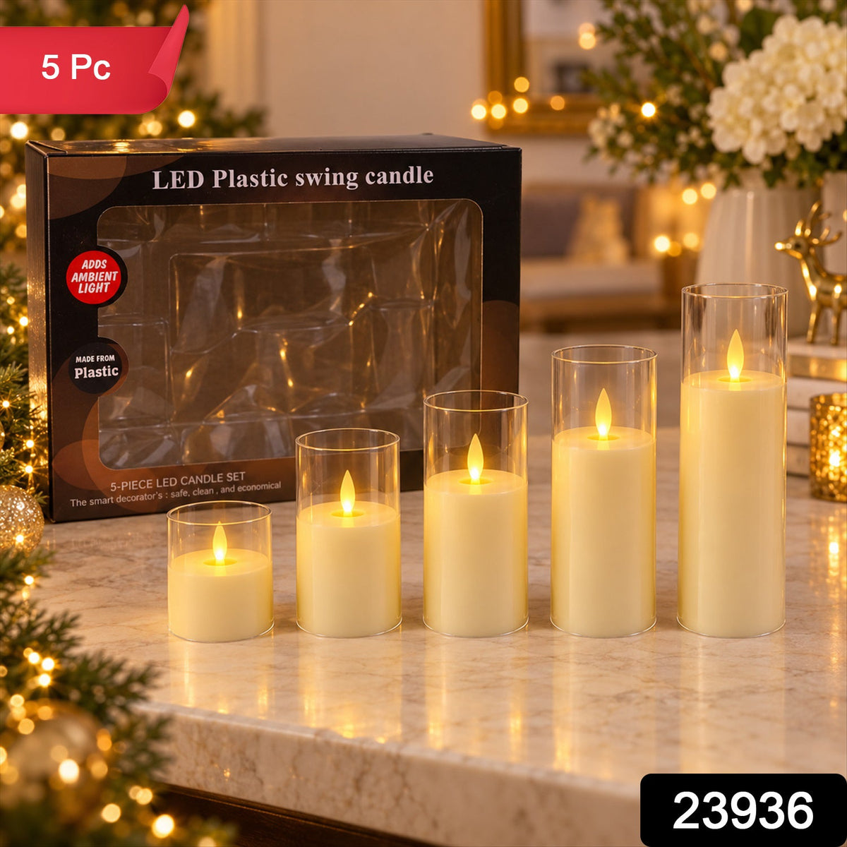 Five flameless LED plastic candles in clear sleeves, arranged in ascending height, glow warmly on a wooden surface next to