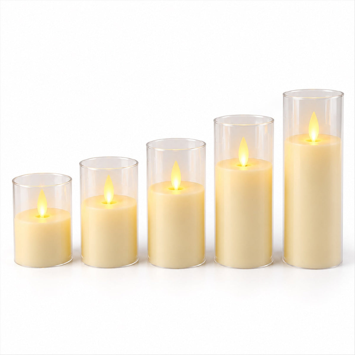 Five flameless LED pillar candles, each encased in a clear plastic sleeve, stand in a row on a white background, varying in