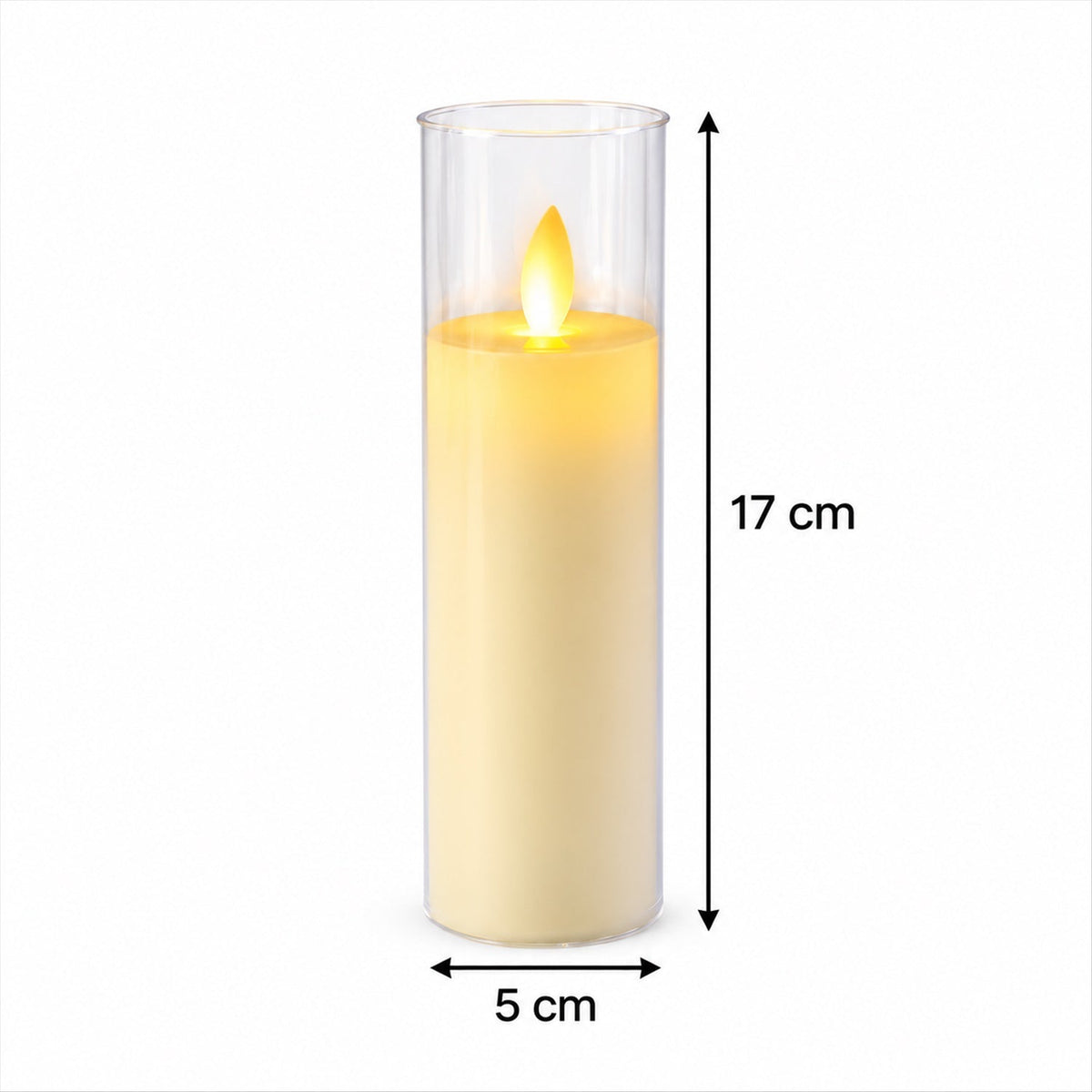 A single flameless LED pillar candle in a clear plastic sleeve is shown with measurements, indicating a height of 17 cm and