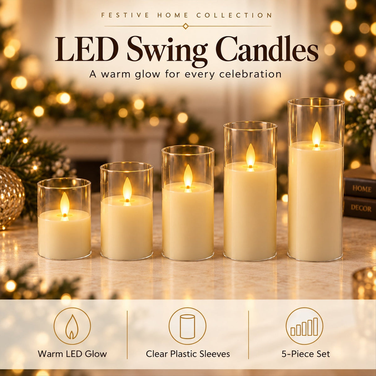 Five flameless LED plastic pillar candles with clear sleeves glow warmly on a wooden surface, surrounded by blurred festive