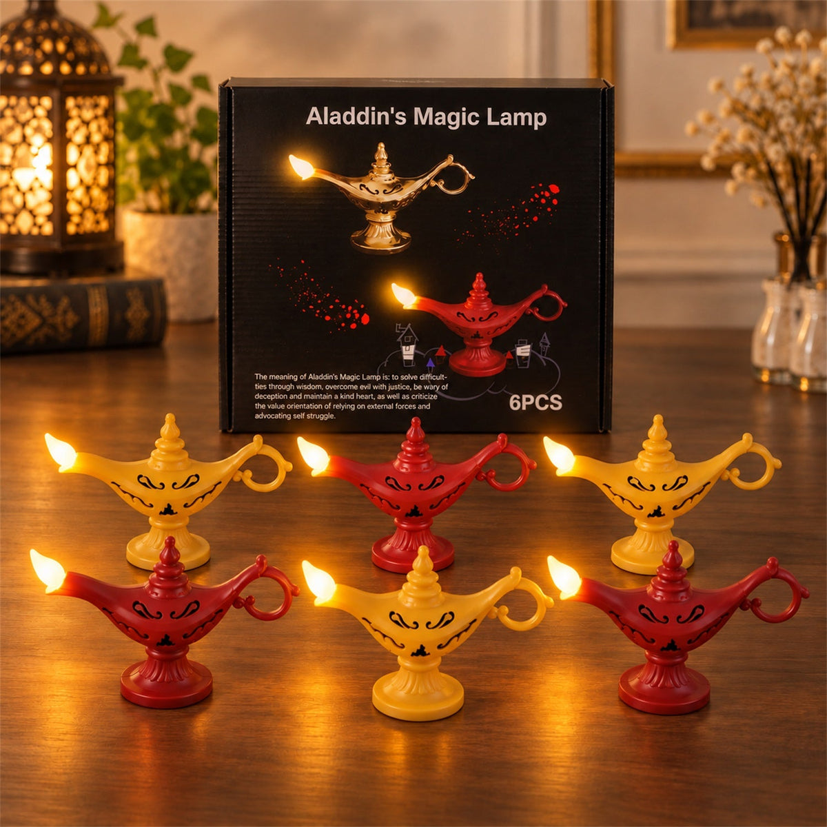 Six decorative LED lamps, three red and three yellow, with a black box in the background. Each lamp has a lit LED flame.