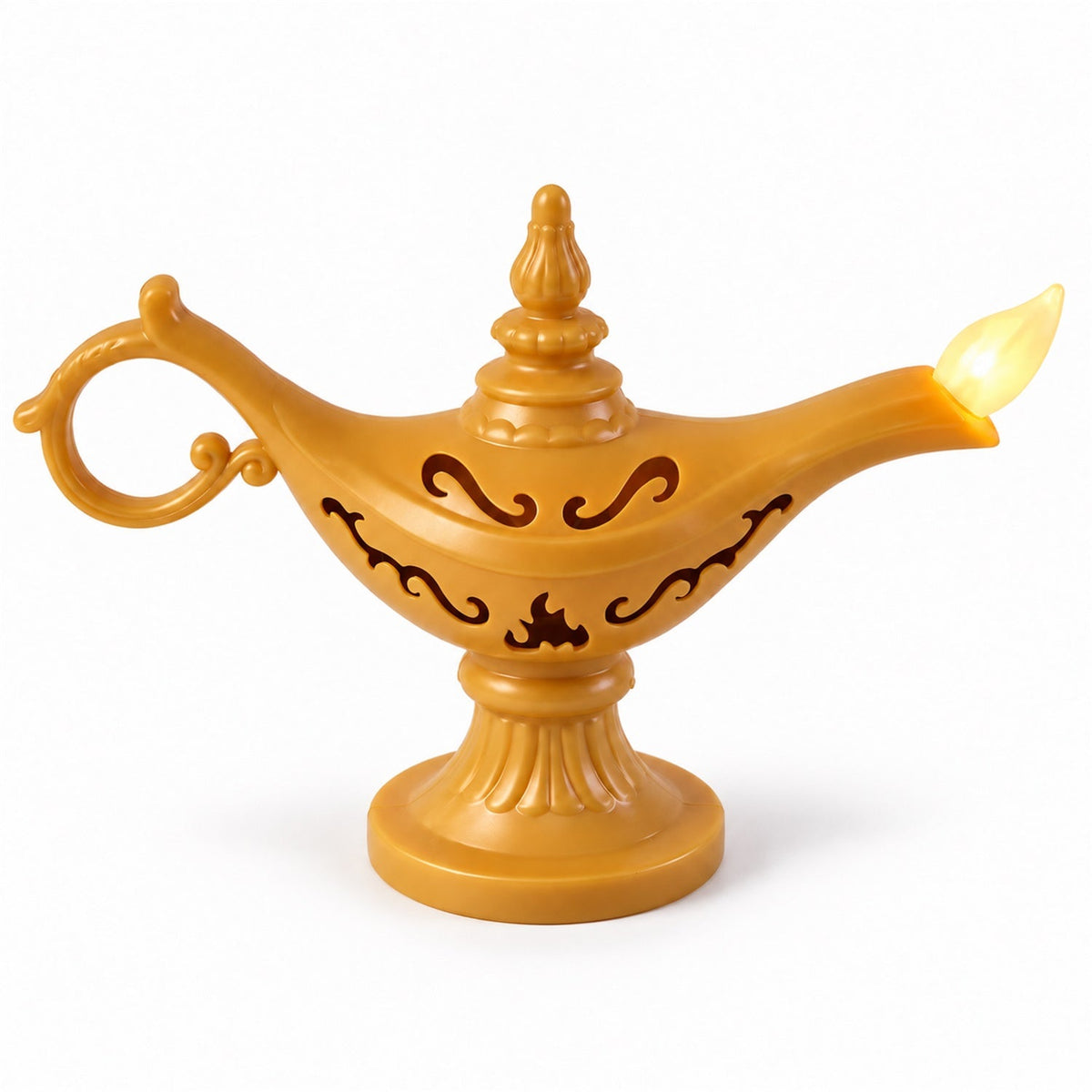 A single golden Aladdin's lamp LED light with a decorative handle and cutout designs, glowing on a pristine white surface.