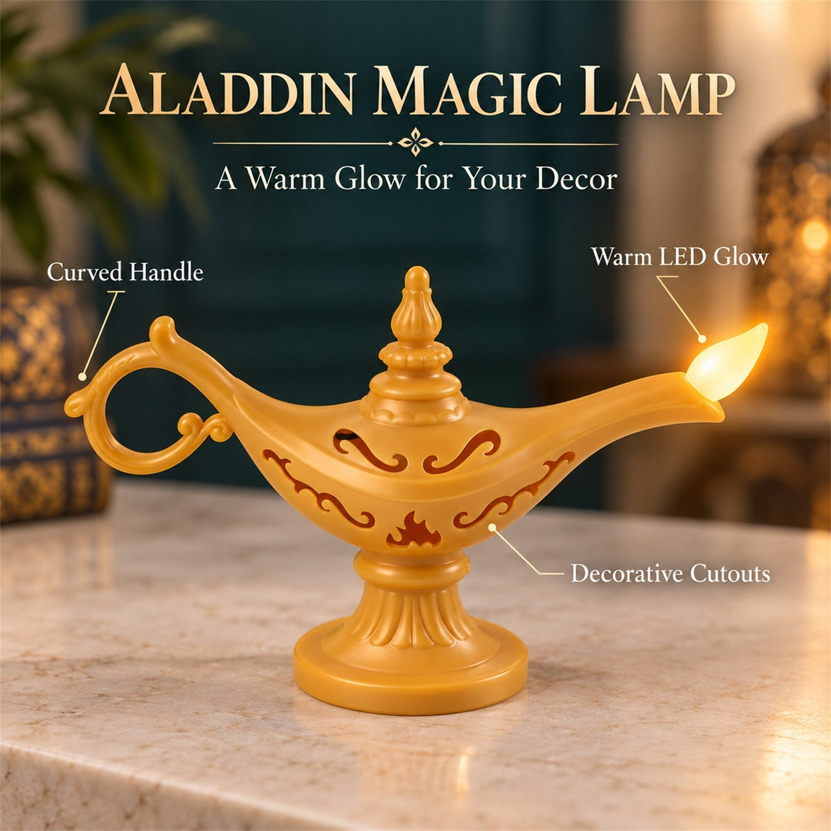 A golden Aladdin's lamp LED light with labels pointing to its curved handle, decorative cutouts, and warm LED glow.