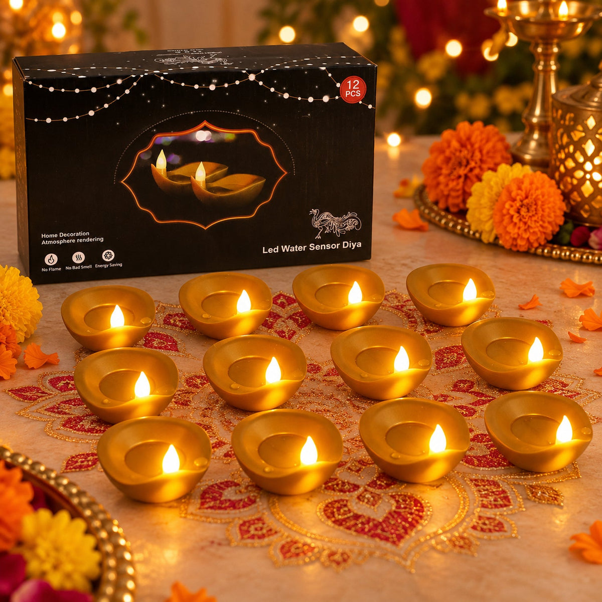 Twelve golden LED diyas with glowing wicks arranged around a black box on a decorative cloth.