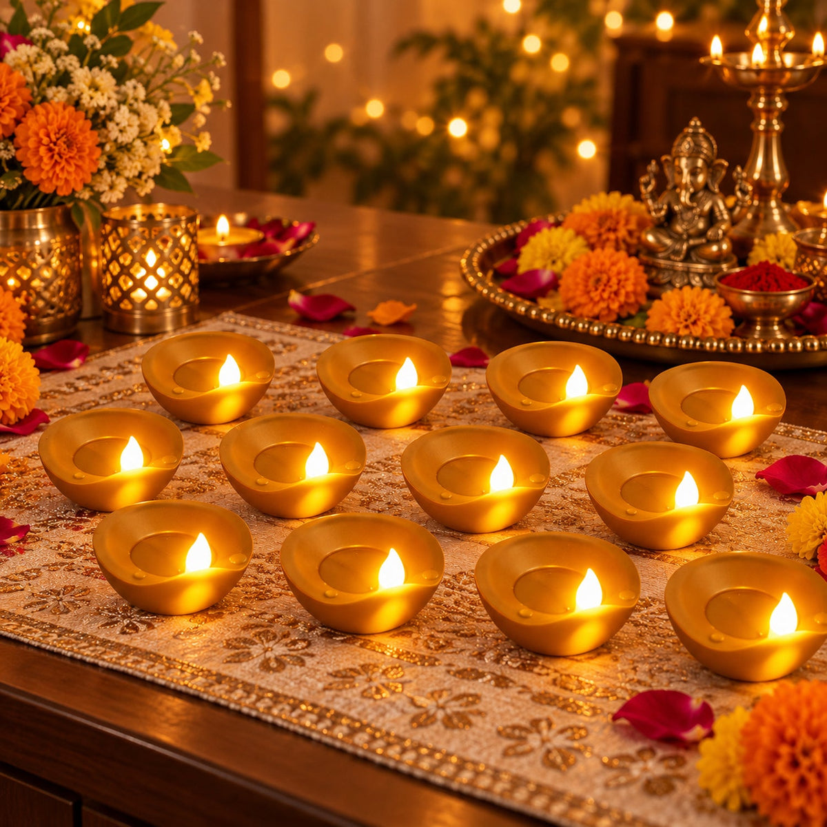 Twelve glowing gold diyas are arranged on a white table runner with a floral centerpiece and decorations.