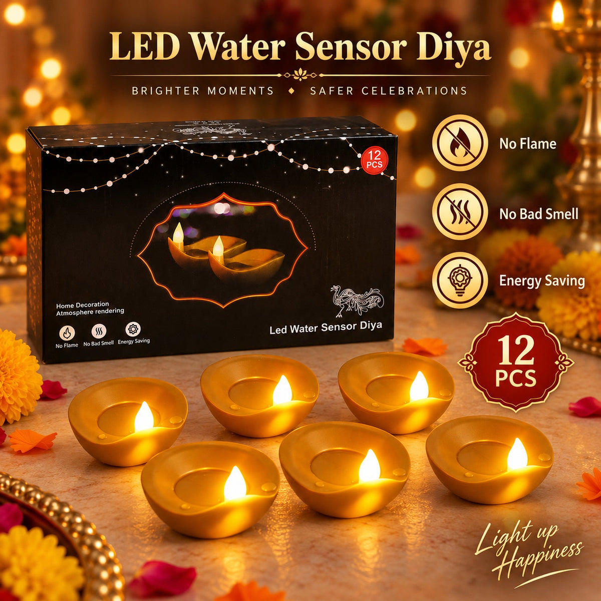 Six glowing golden LED diyas are arranged in front of a product box with decorative lights in the background.