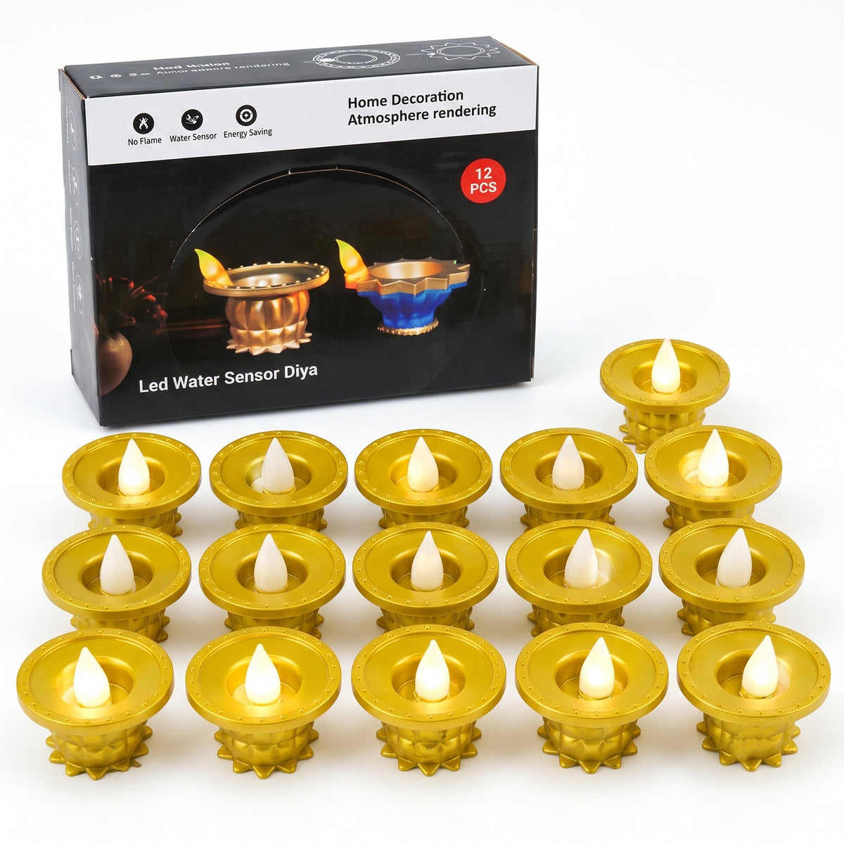 Fifteen gold plastic LED diyas with glowing flames arranged in rows in front of their product packaging box.