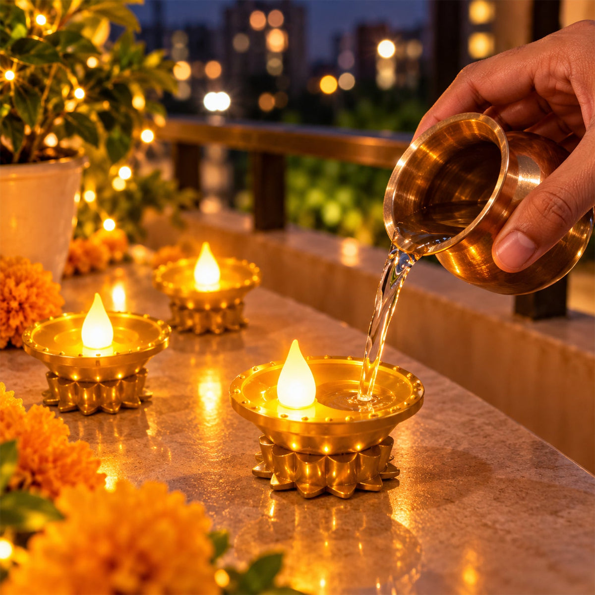 A hand pouring water from a brass pot into a gold plastic LED diya on a balcony at night, surrounded by flowers.