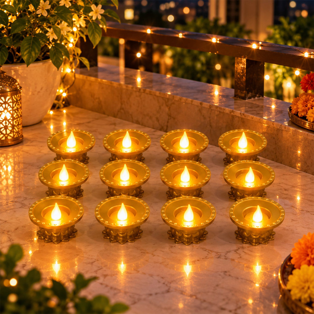 Twelve gold plastic LED diyas with glowing flames arranged on a balcony ledge at night, with blurred background lights.