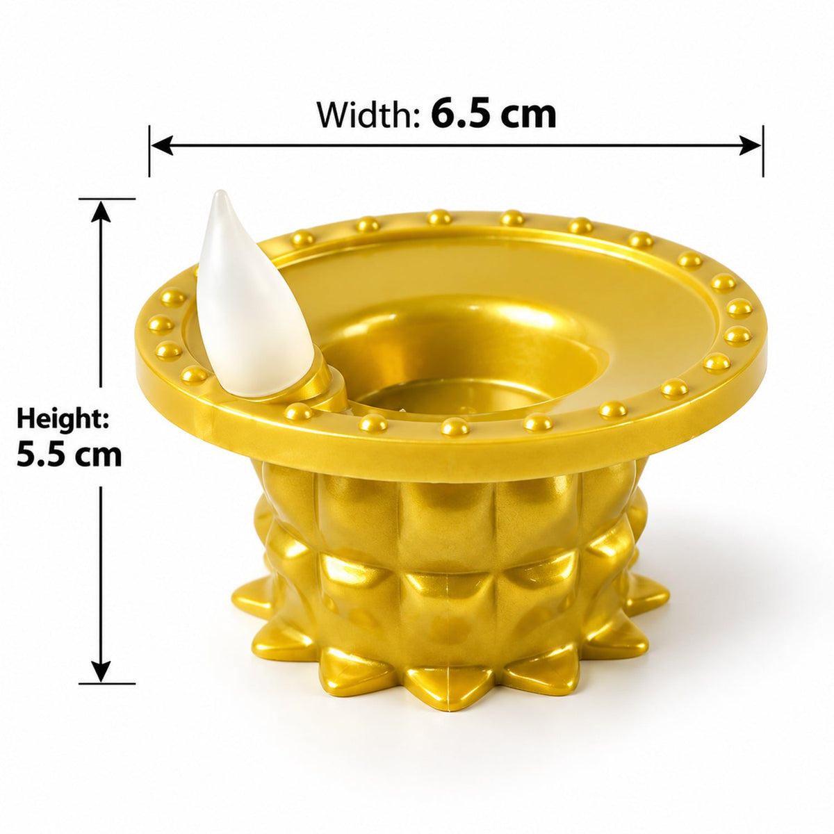 A single gold plastic LED diya with a white flame, showing its width of 6.5 cm and height of 5.5 cm.