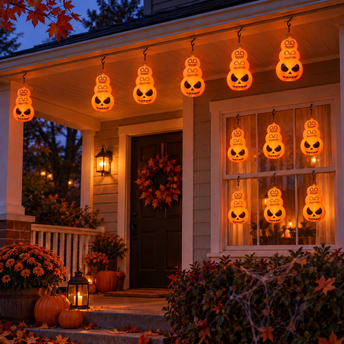 A home's porch is decorated with ten glowing orange stacked pumpkin lanterns hanging from the roof, surrounded by autumnal