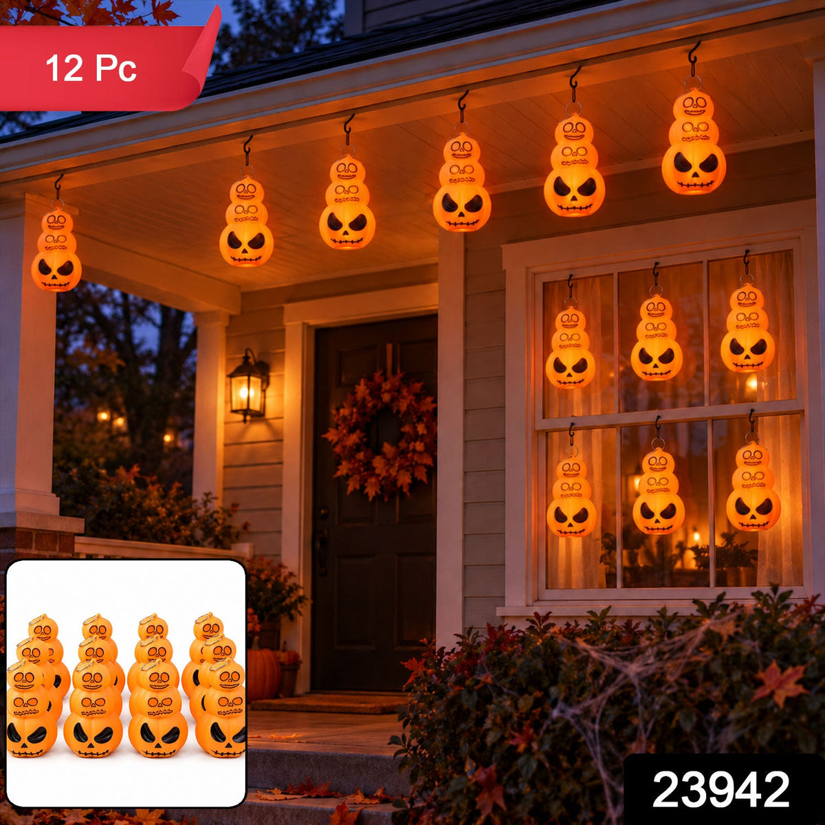 A porch with ten glowing orange stacked pumpkin lanterns hanging from the roof, with a red banner indicating '12 Pc' on the