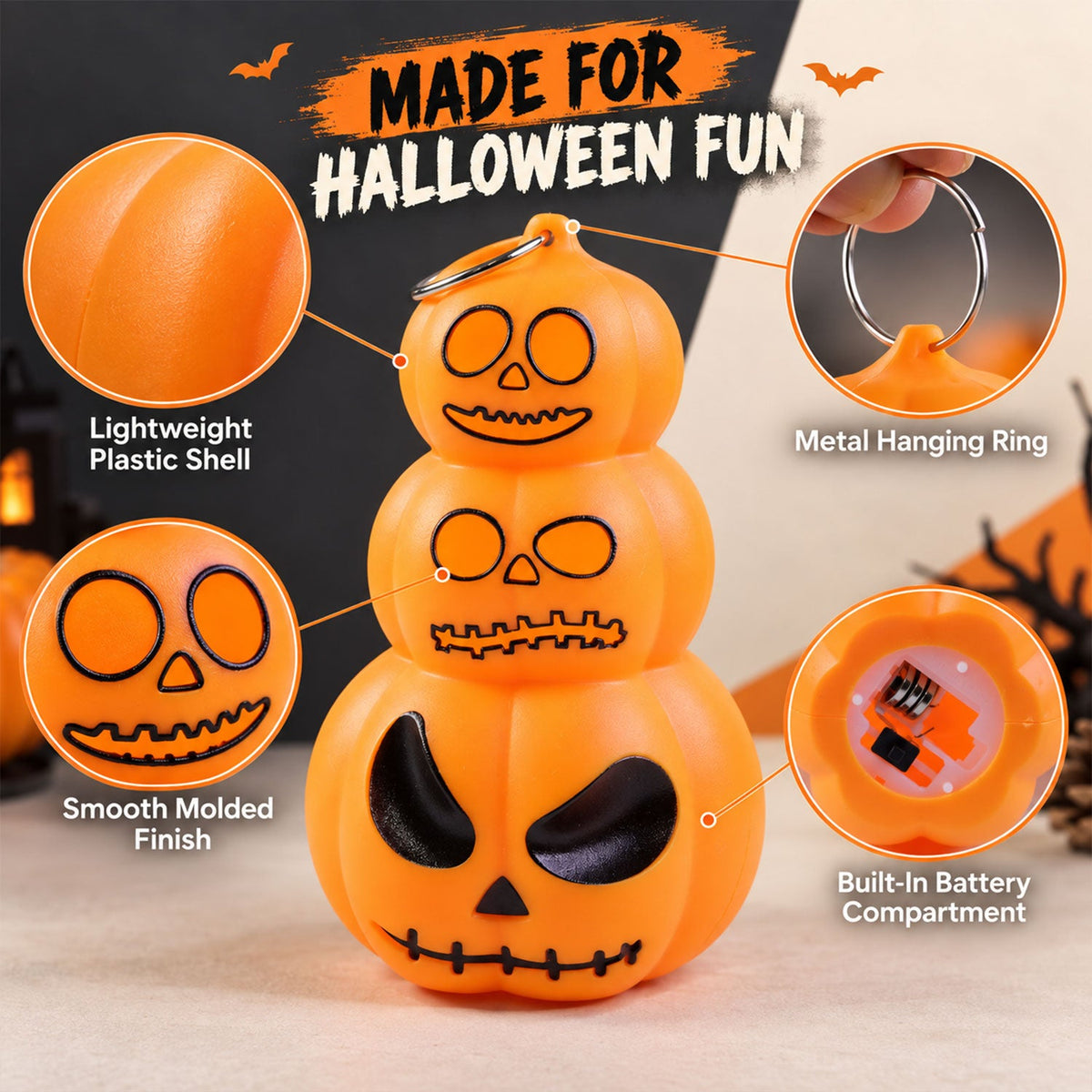A single orange stacked pumpkin lantern with insets highlighting its lightweight plastic shell, smooth molded finish, metal