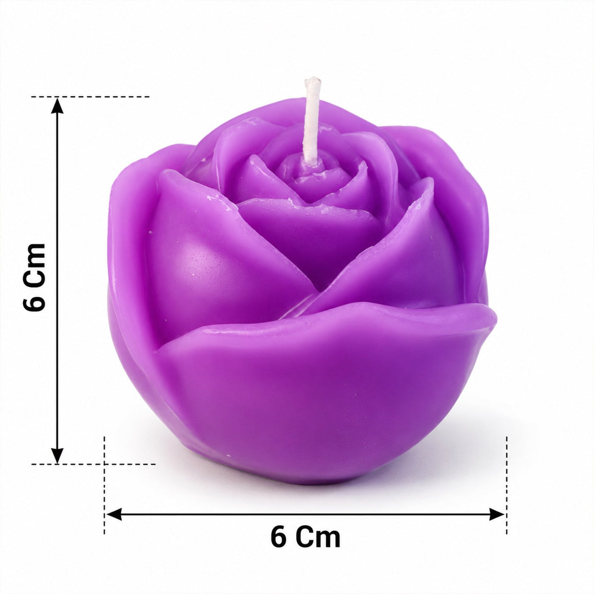 A purple rose-shaped candle is shown with measurement lines indicating its 6 cm height and width.