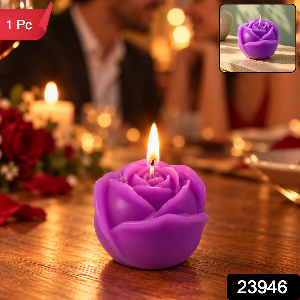 A glowing purple rose candle on a wooden table, with a small inset showing the unlit candle.