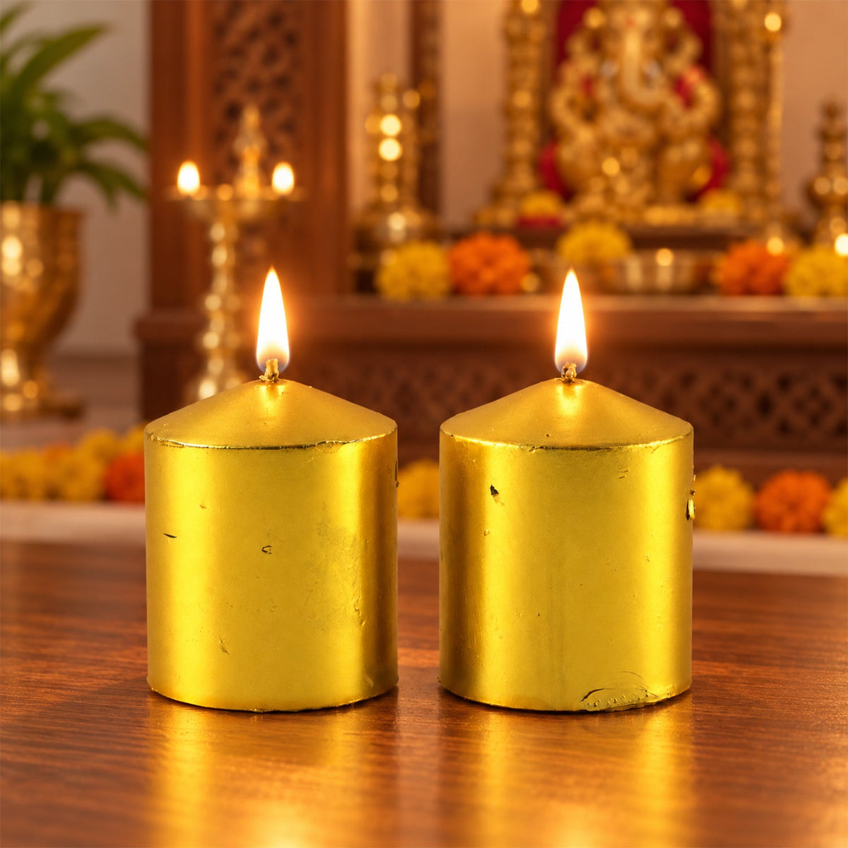 Two lit golden metallic pillar candles on a dark wooden surface, with a blurred golden altar in the background.
