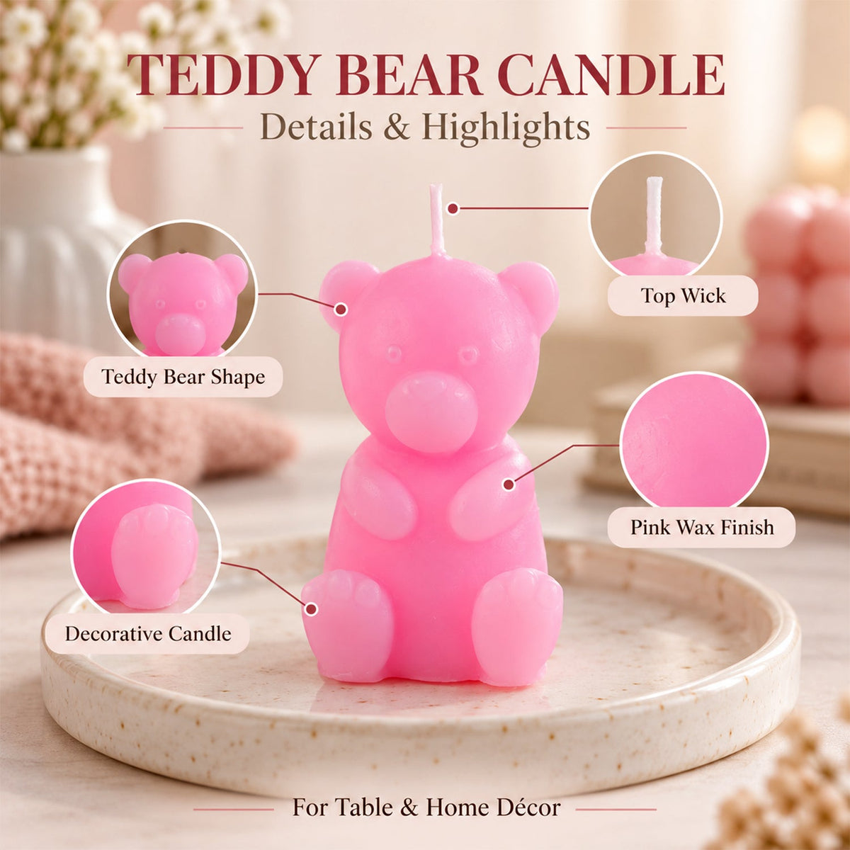 A pink teddy bear candle on a plate with text highlighting its shape, wick, color, and decorative use.