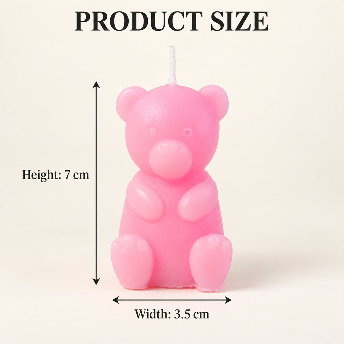 A pink teddy bear candle with an unlit wick, displaying its height of 7 cm and width of 3.5 cm.
