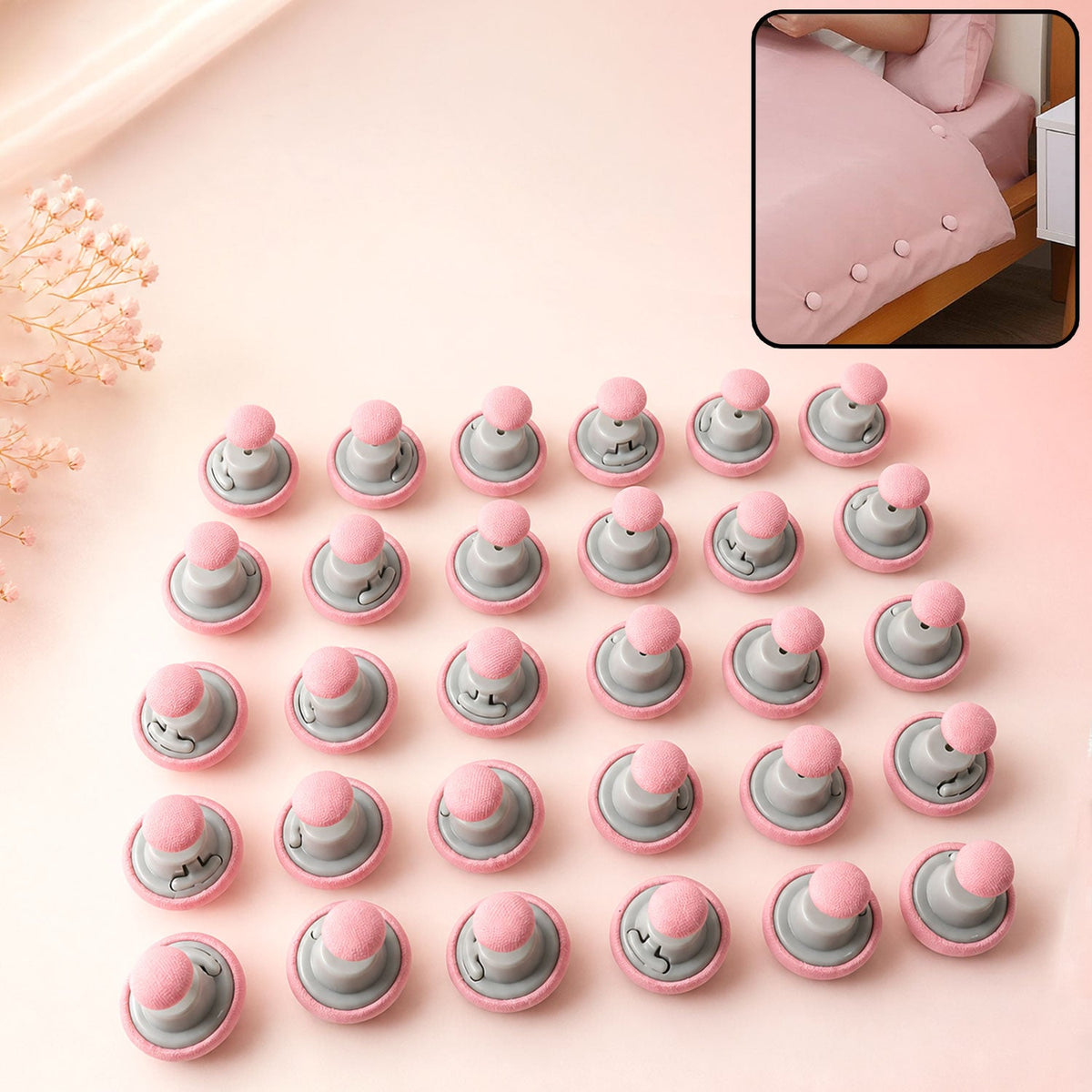 Soft fabric-covered duvet fastener buttons in a bedroom setting
