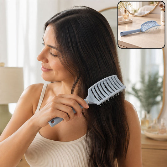 Curved vented hair brush flexible bristles
