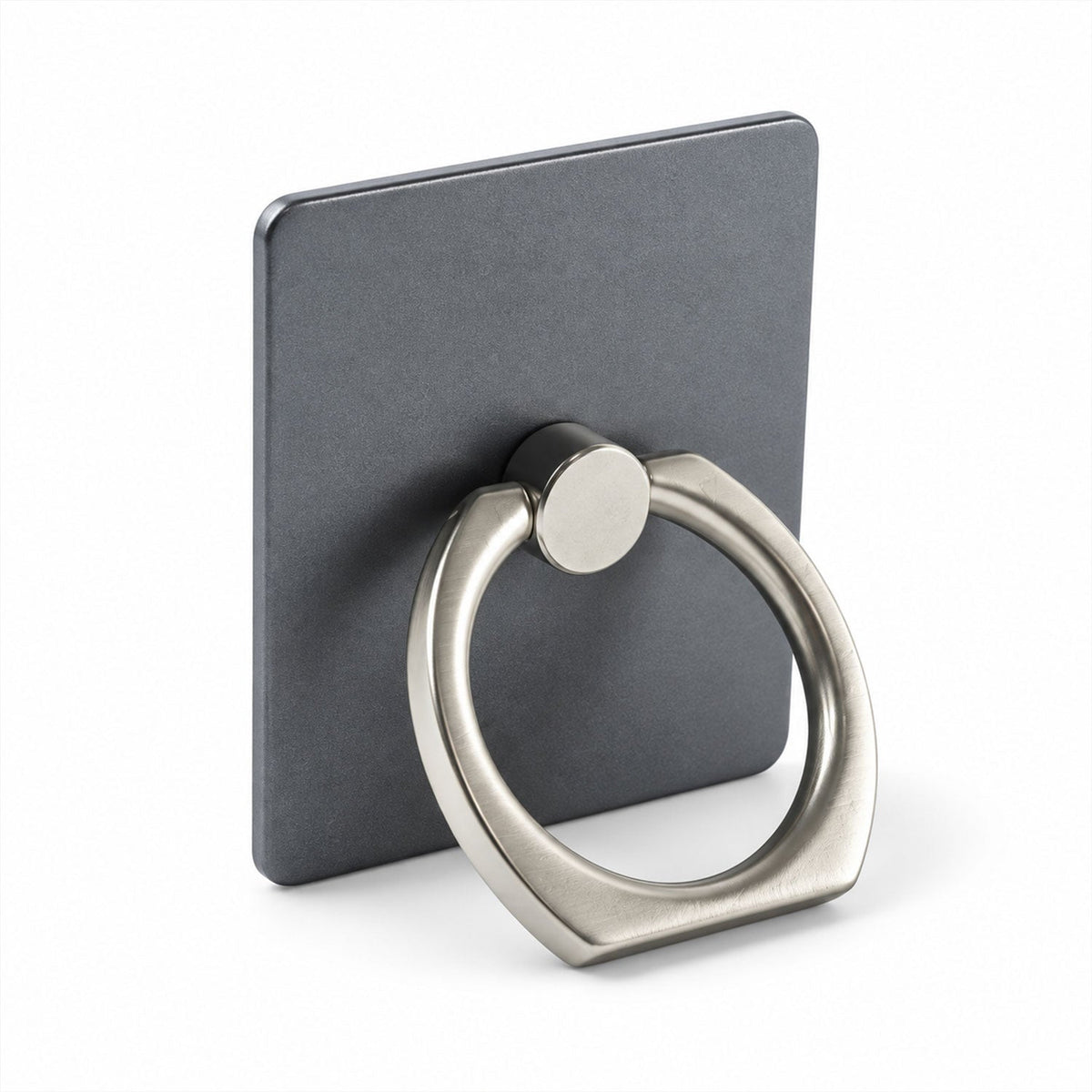 The gray phone ring holder is displayed with its dimensions and a separate black adhesive car mount.