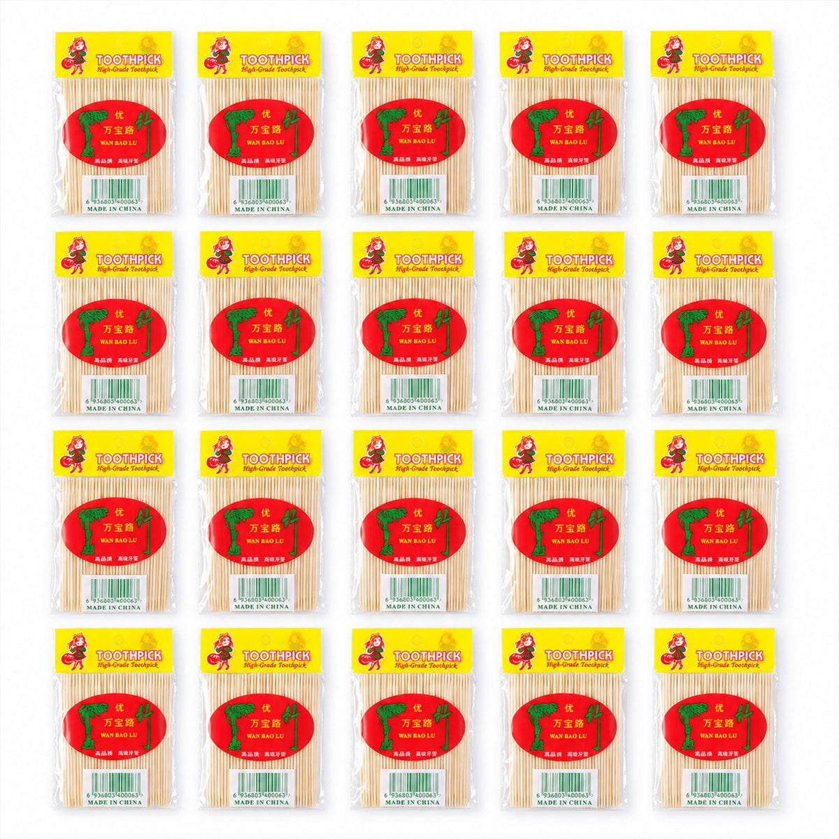 Twenty wooden toothpick packets on white background