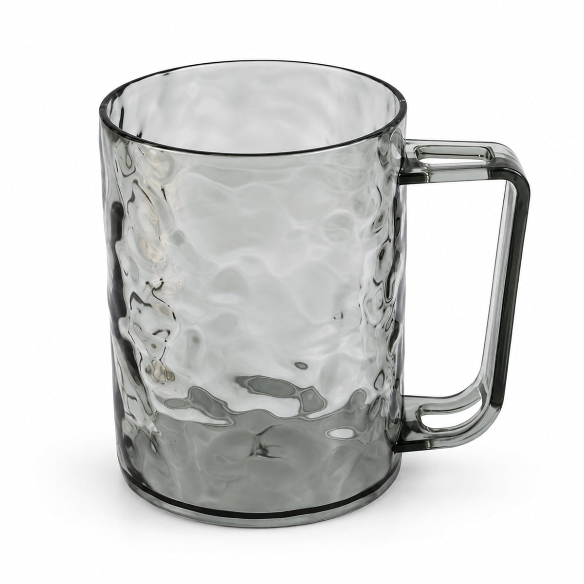A single dark grey textured plastic mug with a handle, isolated on a white background.