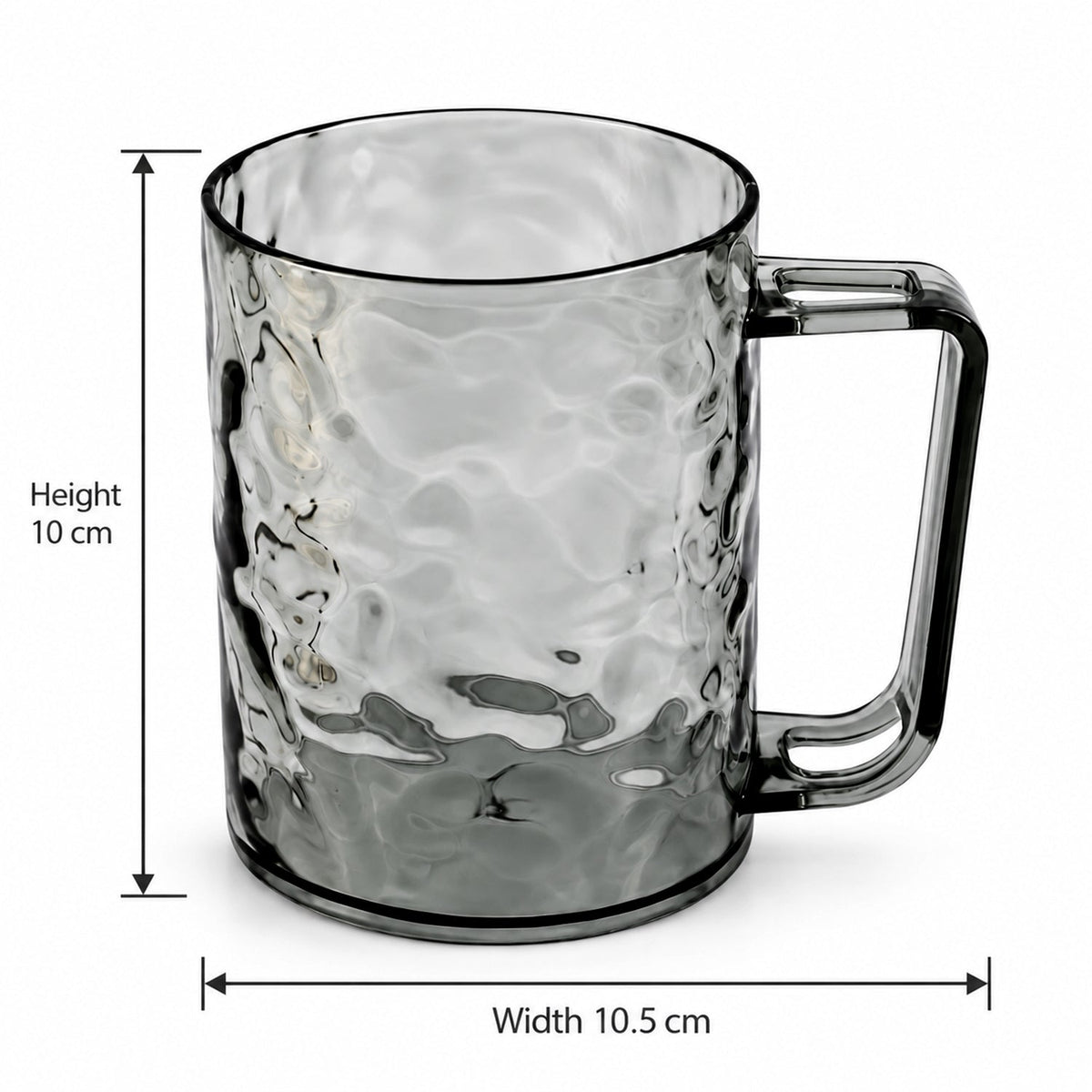A dark grey textured plastic mug with a handle, showing height 10 cm and width 10.5 cm measurements.