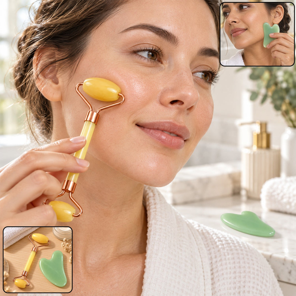 A woman uses a yellow facial roller on her cheek, with insets showing a gua sha tool and the set.