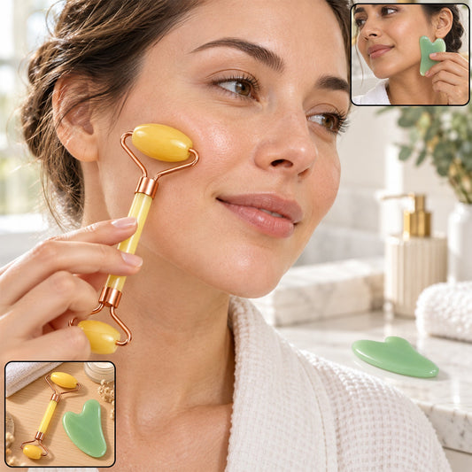 A woman uses a yellow facial roller on her cheek, with insets showing a gua sha tool and the set.