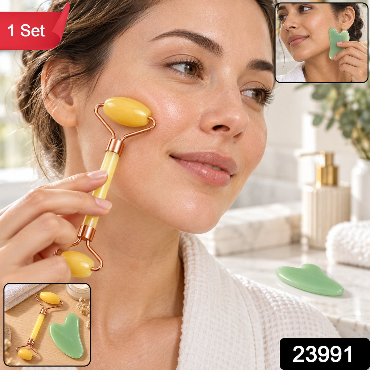 A woman uses a yellow facial roller, with insets showing a gua sha tool and the set, plus a '1 Set' label.