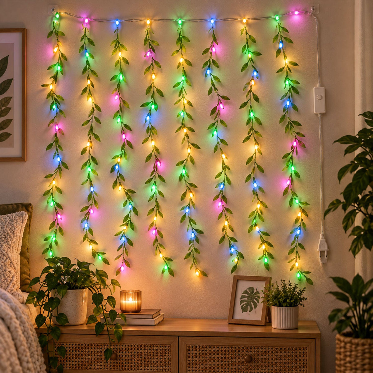 Decorative leaf LED curtain light string