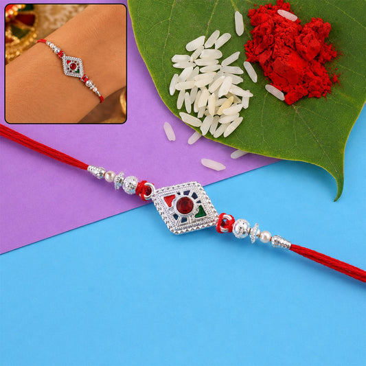 Square silver rakhi with red stone center and pearl bead chain