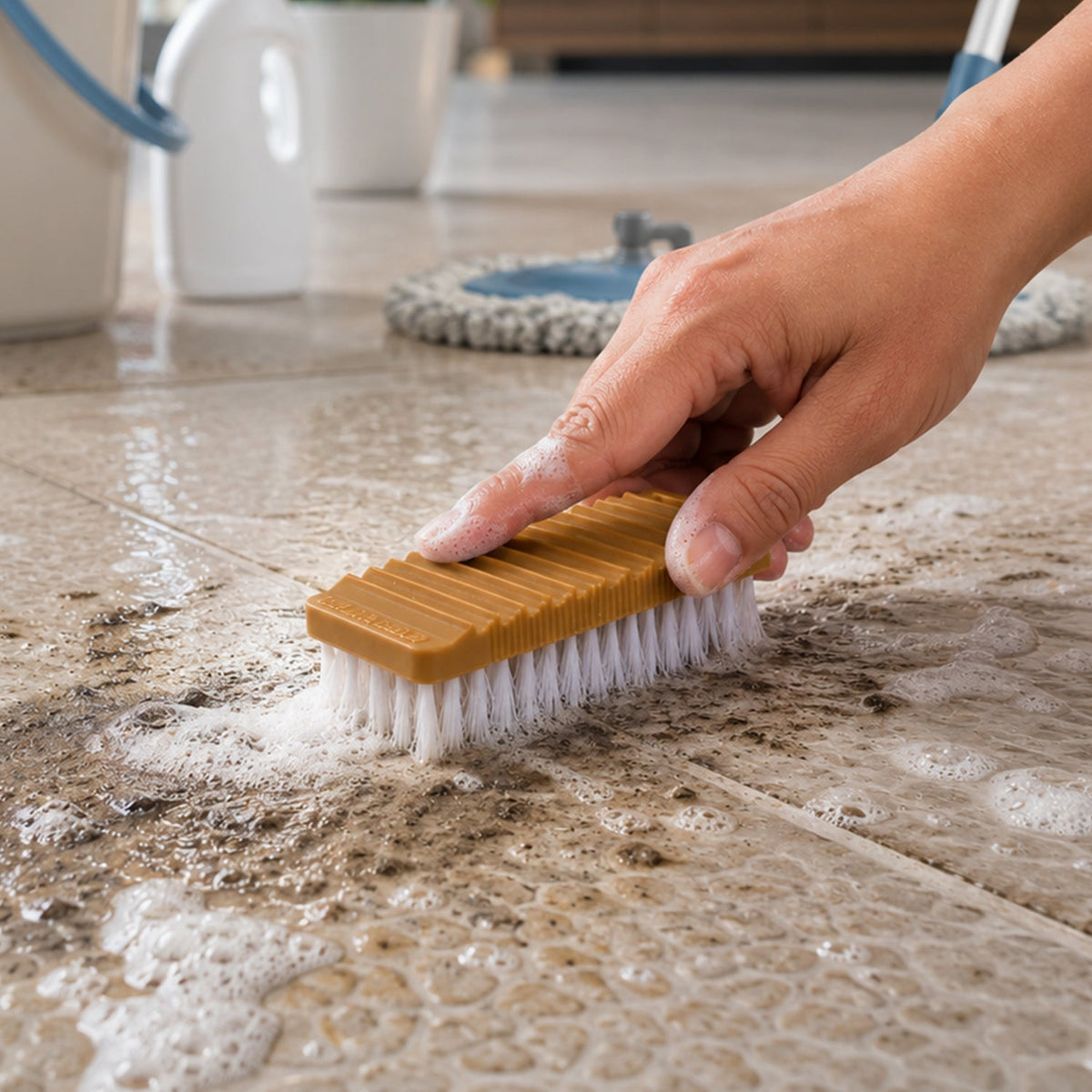 Cleaning brush scrubbing a tiled floor