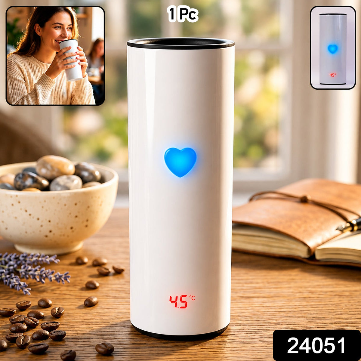 Close-up of smart LED temperature display on stainless steel tumbler lid