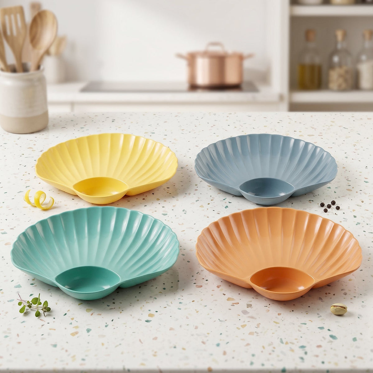 Shell-shaped snack platter with dip section, colorful and stylish for party serving.