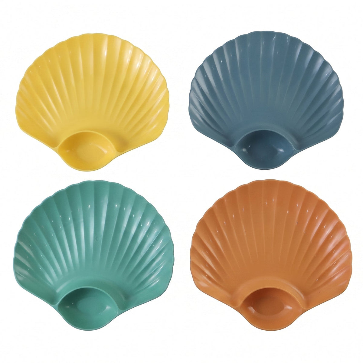 White background showing the colorful set of shell-shaped snack and dip plates.