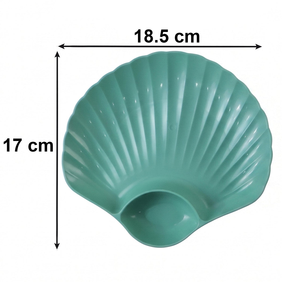 Dimensions and size details for the shell-shaped snack serving tray set.