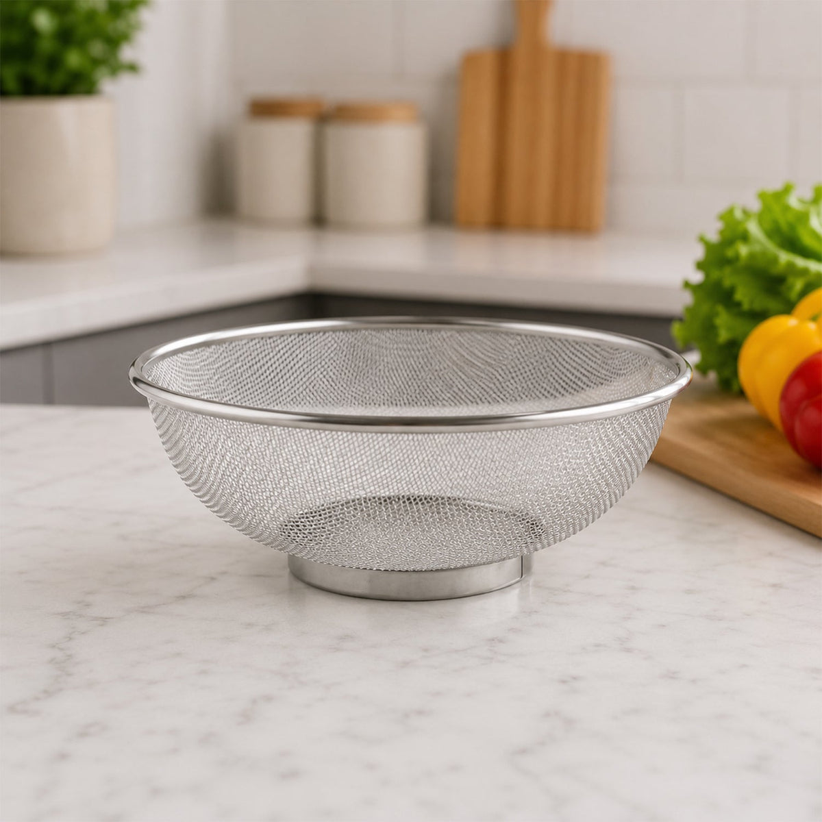 A silver stainless steel mesh strainer bowl with a base sits on a white marble kitchen counter.