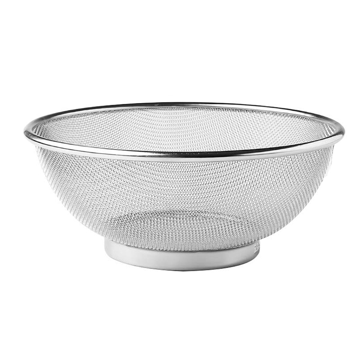 A silver stainless steel mesh strainer bowl with a solid base on a plain white background.