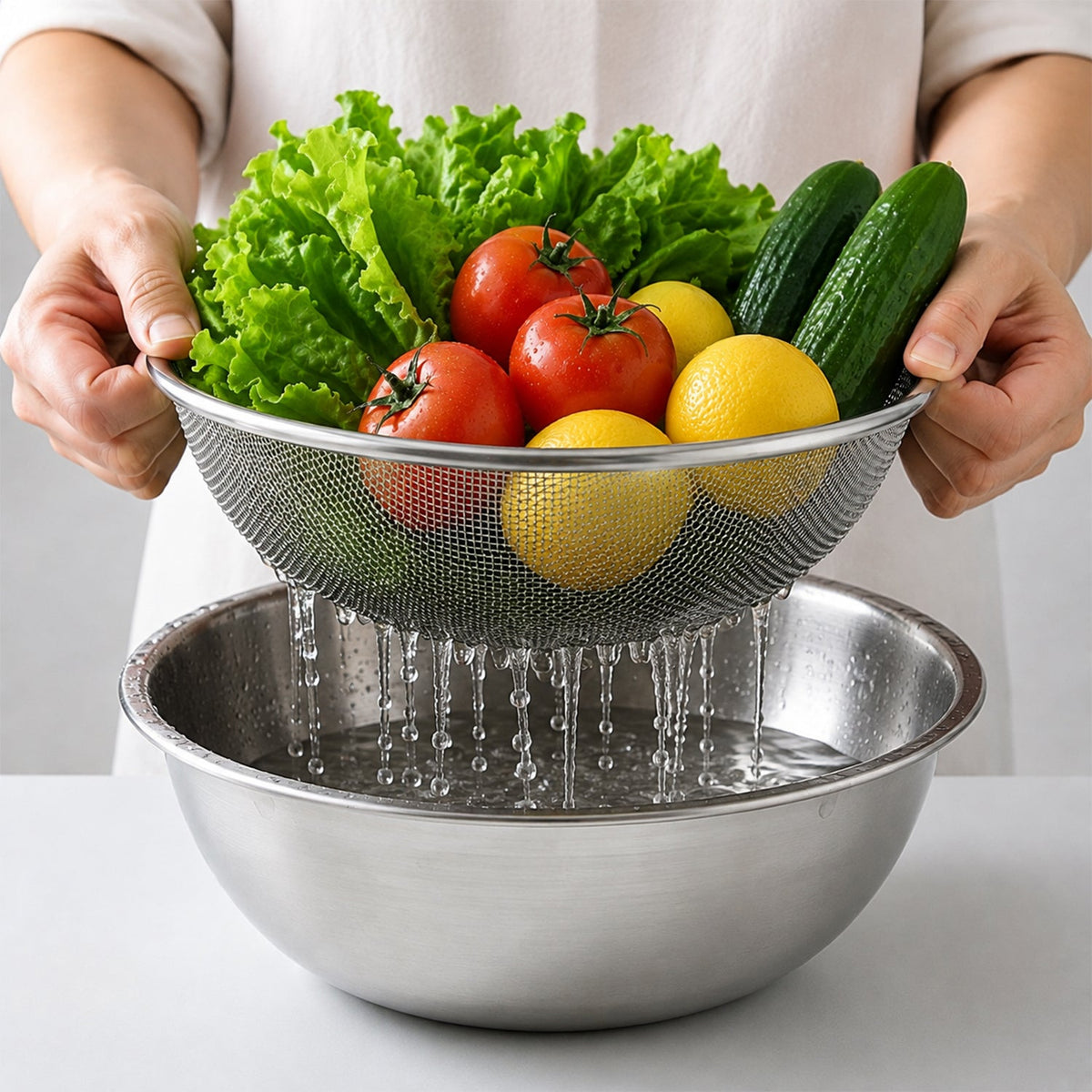 Hands hold a stainless steel mesh strainer full of fresh vegetables and lemons over a steel bowl of water.