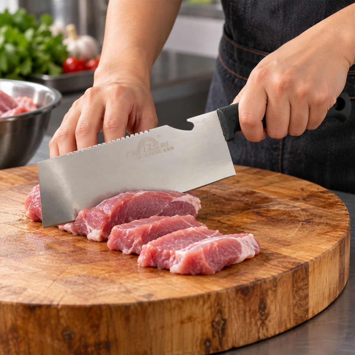 Small stainless steel kitchen cleaver knife - slicing demonstration