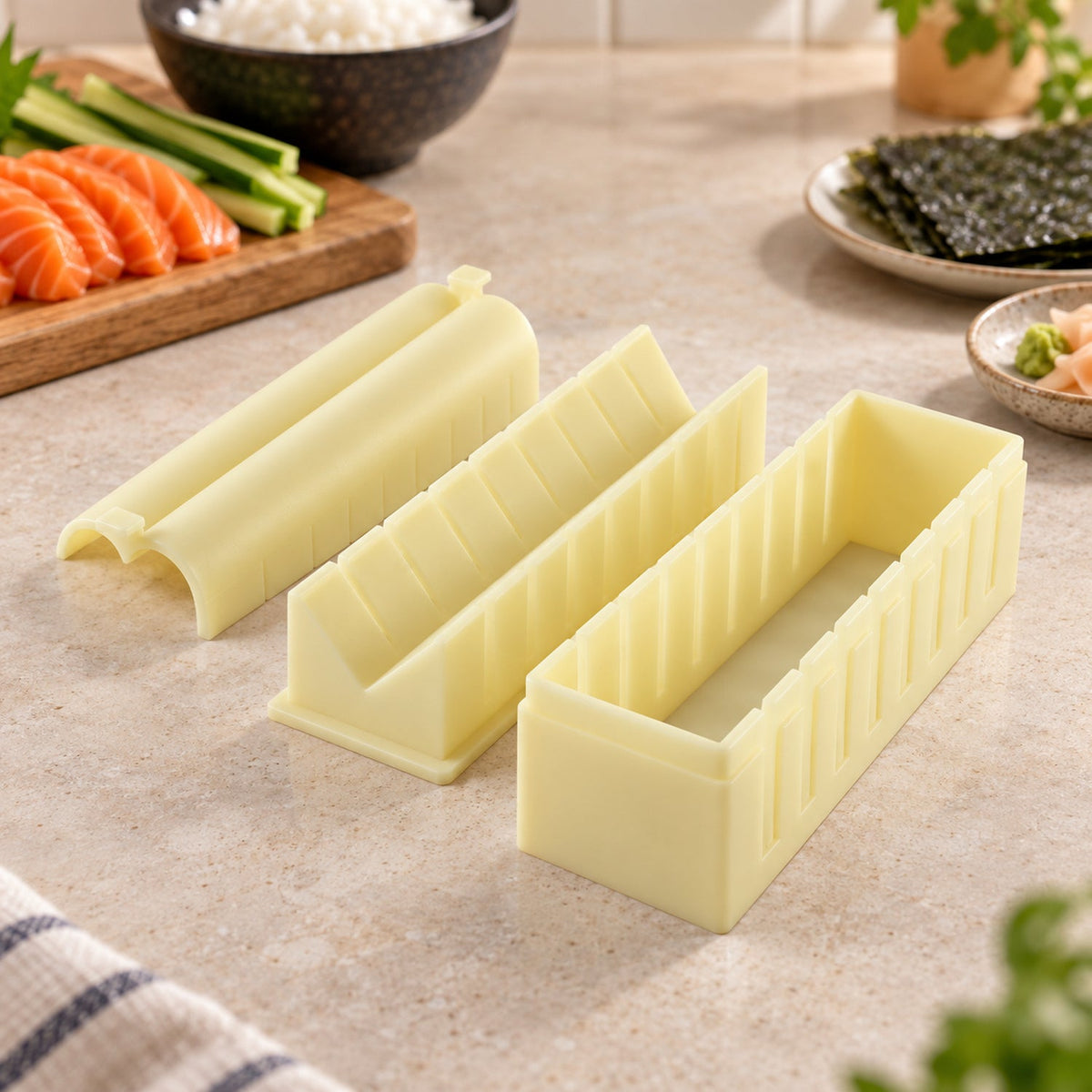 A three-piece light yellow plastic sushi maker set on a light countertop, with ingredients in the background.