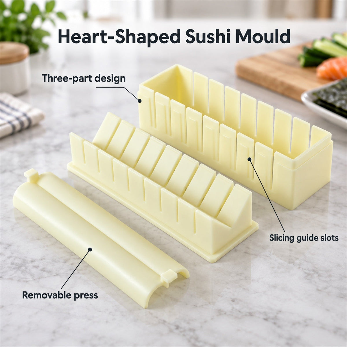 Detailed view of sushi press and mold
