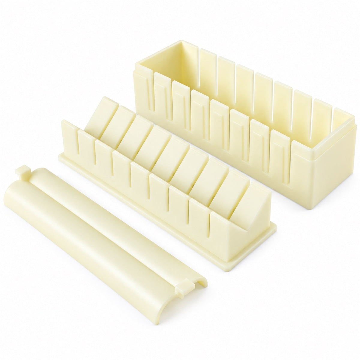 The three components of the light yellow plastic sushi maker are displayed separately on a white surface.
