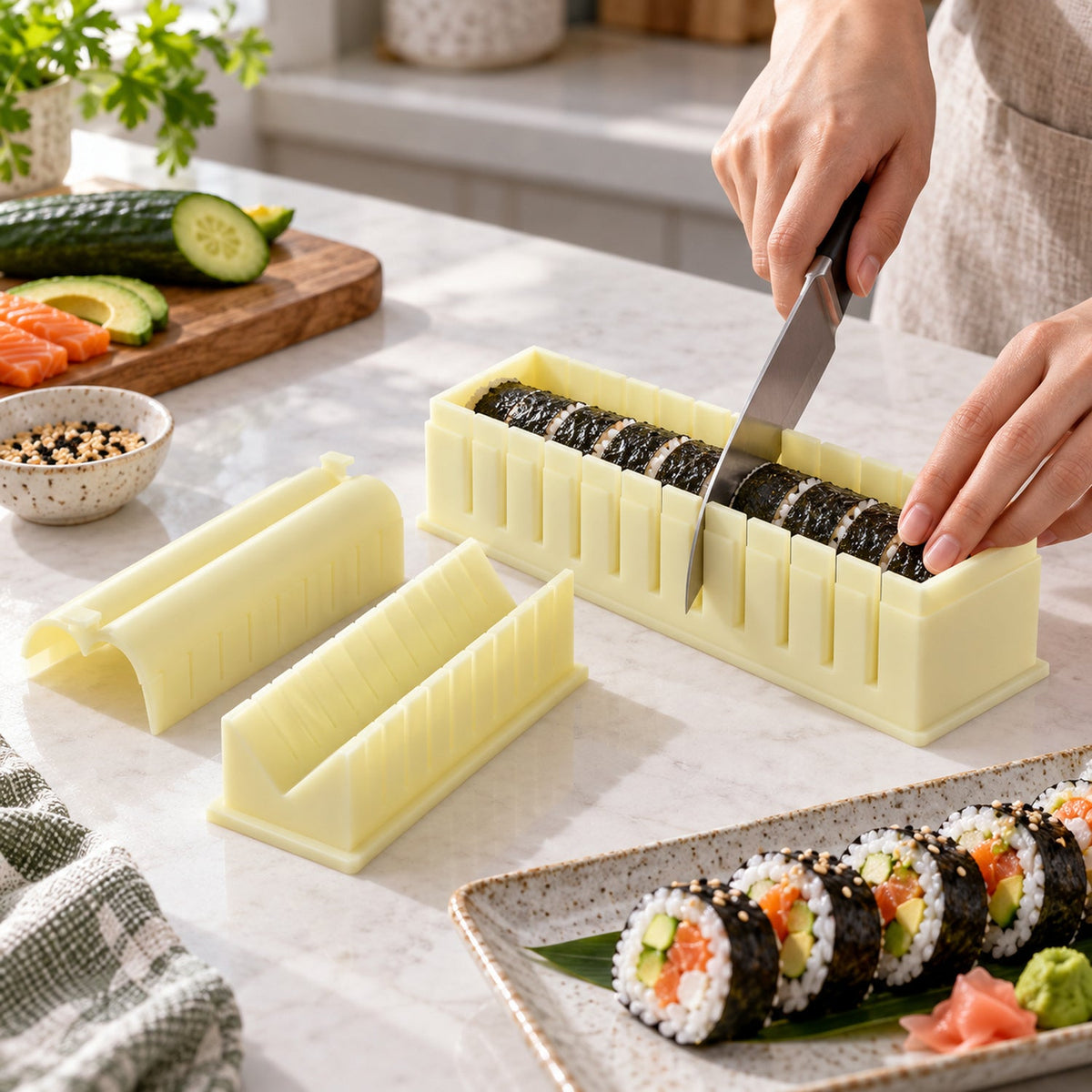A person uses a knife to cut a sushi roll inside a light yellow plastic mold, with finished sushi on a plate.