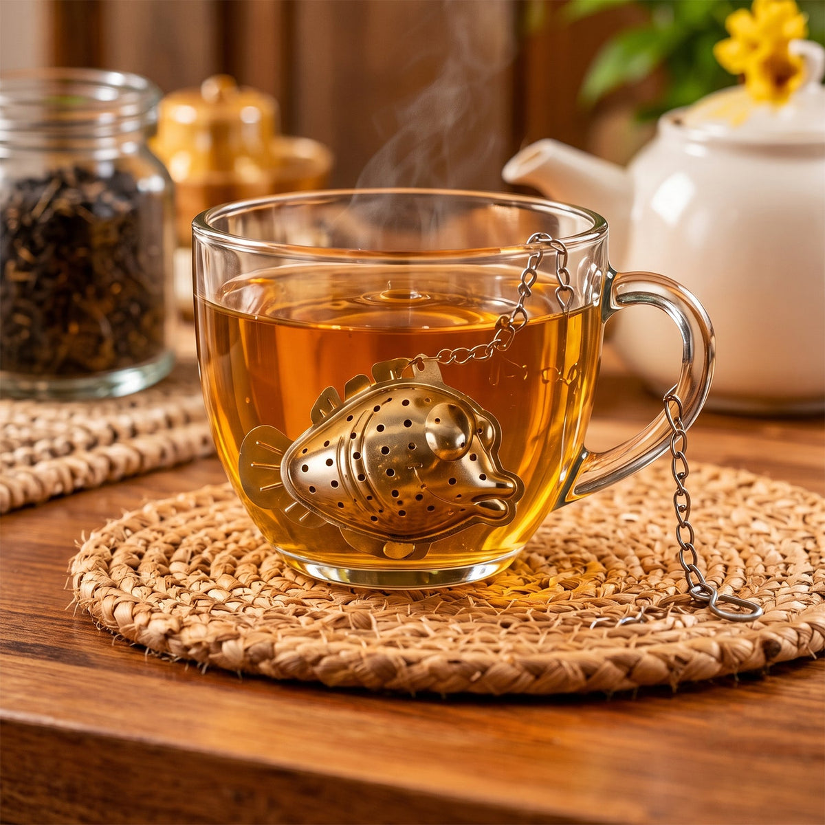 A steaming glass mug of amber tea with a silver fish-shaped infuser submerged, resting on a woven mat.